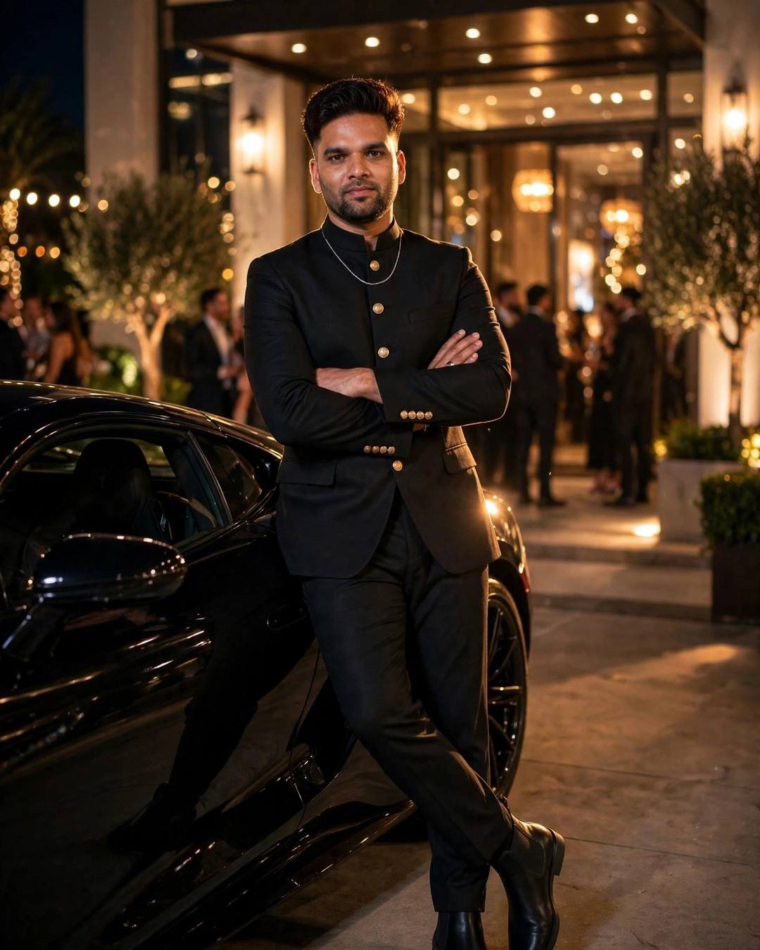 Indian young man in black bandhgala with gold buttons leaning on a luxury car at night