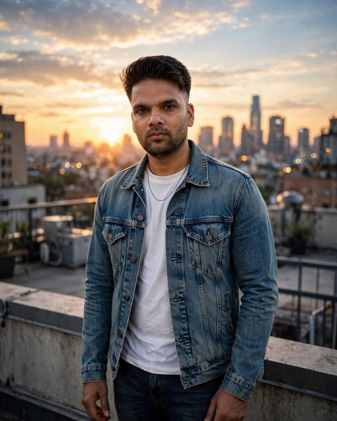 Indian young man in a denim trucker jacket on a rooftop at sunset with city skyline
