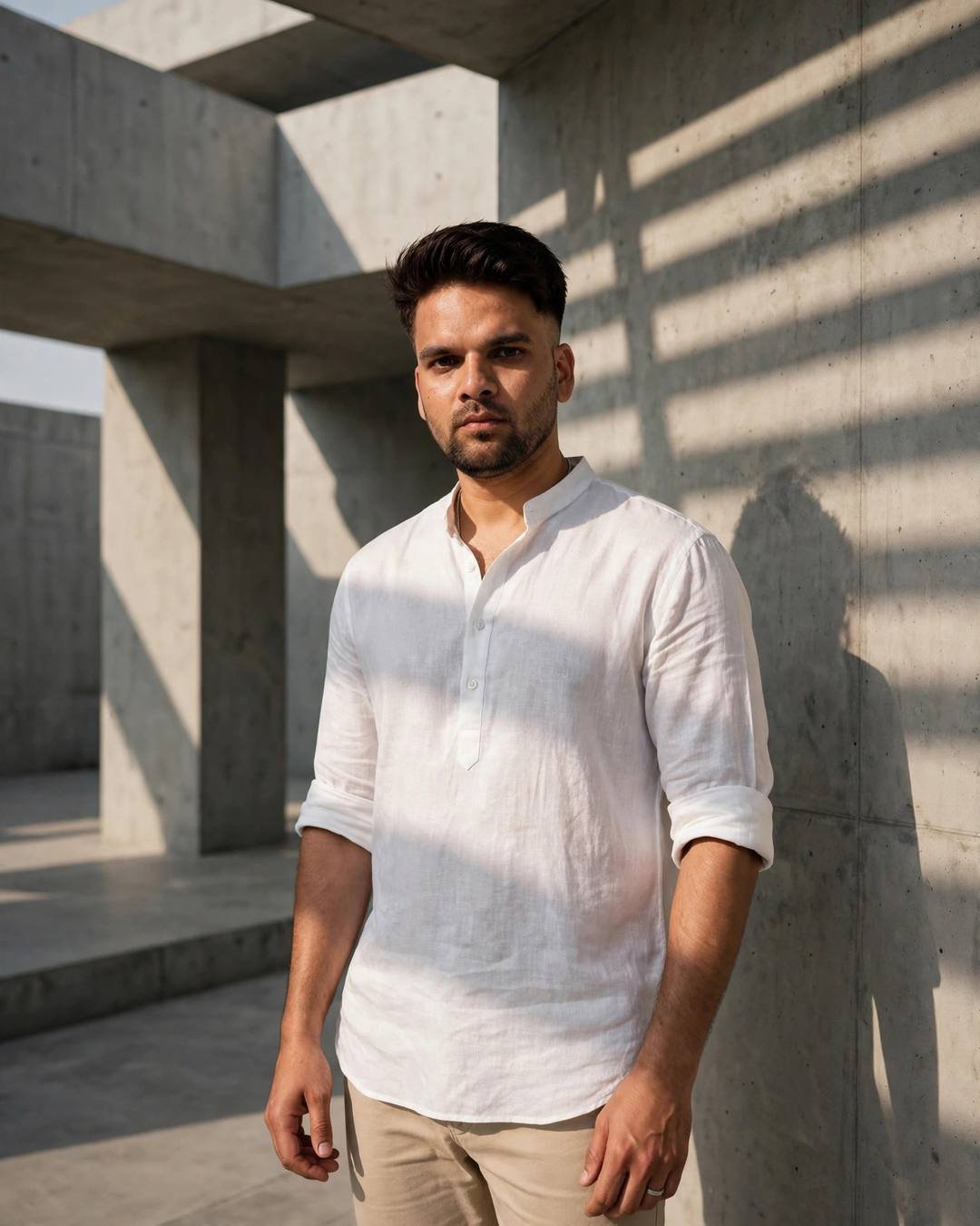 Indian young man in a plain white short kurta and beige chinos standing against minimal concrete architecture