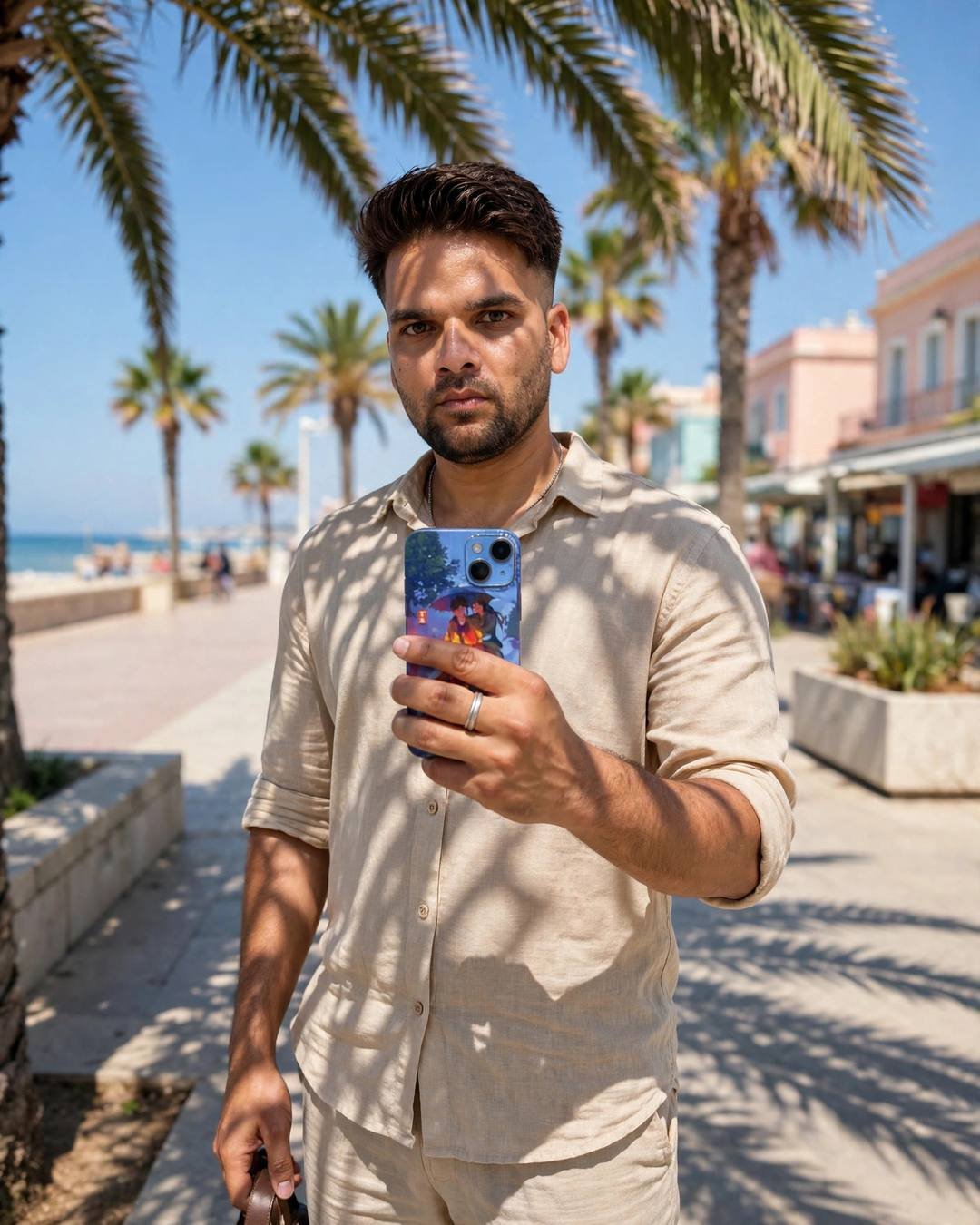 Indian young man in a beige linen co-ord on a palm-lined coastal promenade in bright daylight