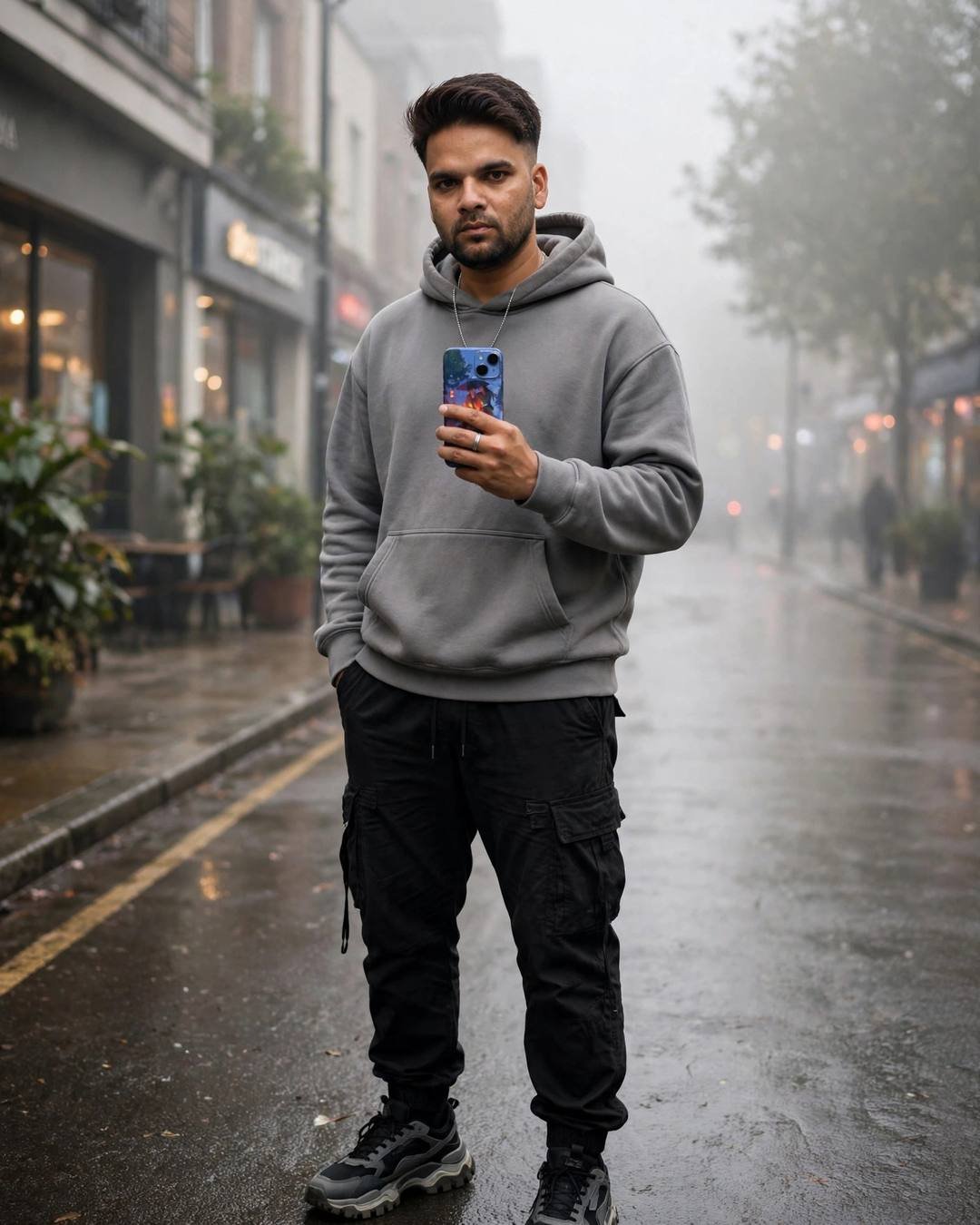 Indian young man in an oversized grey hoodie on a foggy morning street