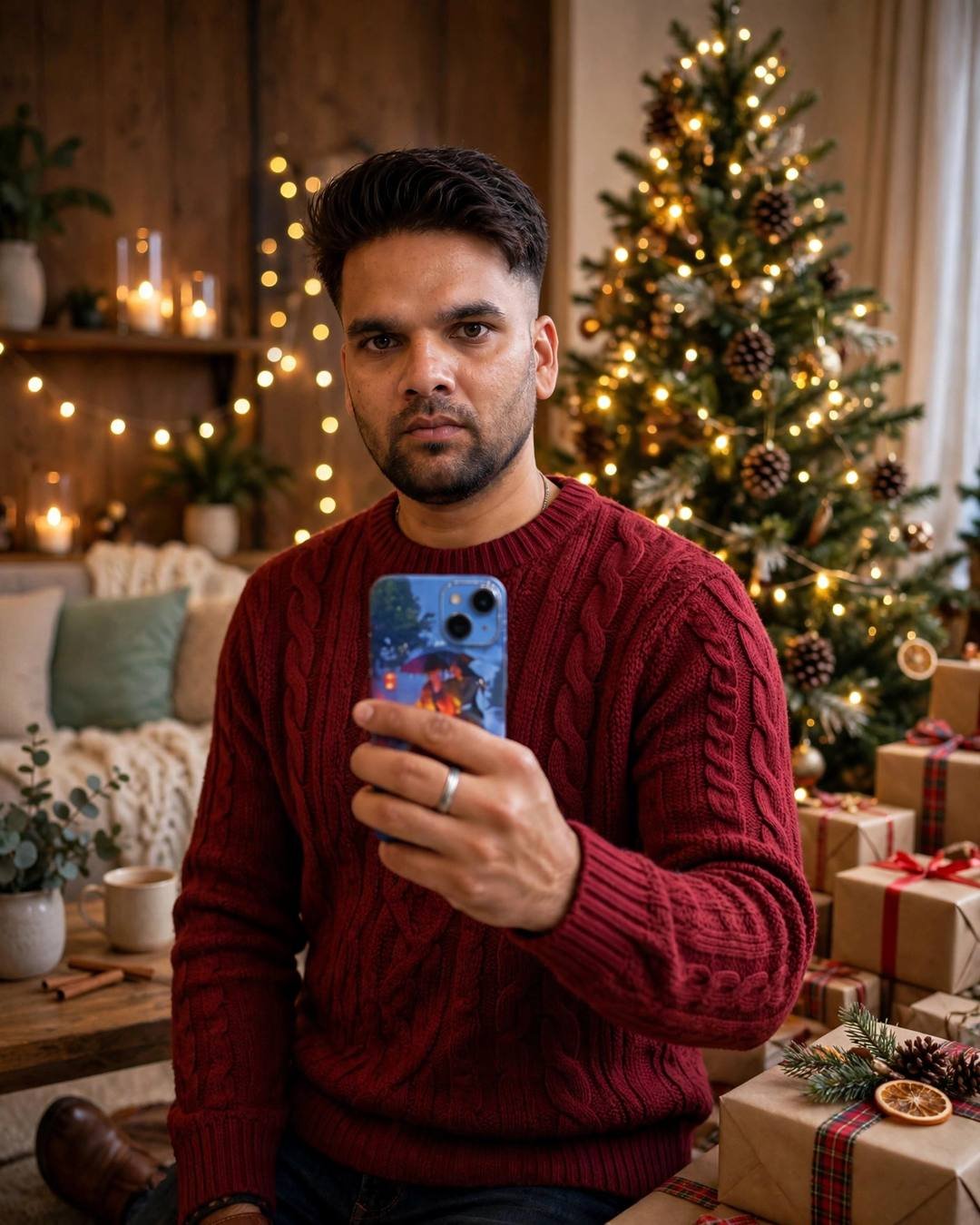 Indian young man in a red knit Christmas sweater beside a lit pine tree with gifts
