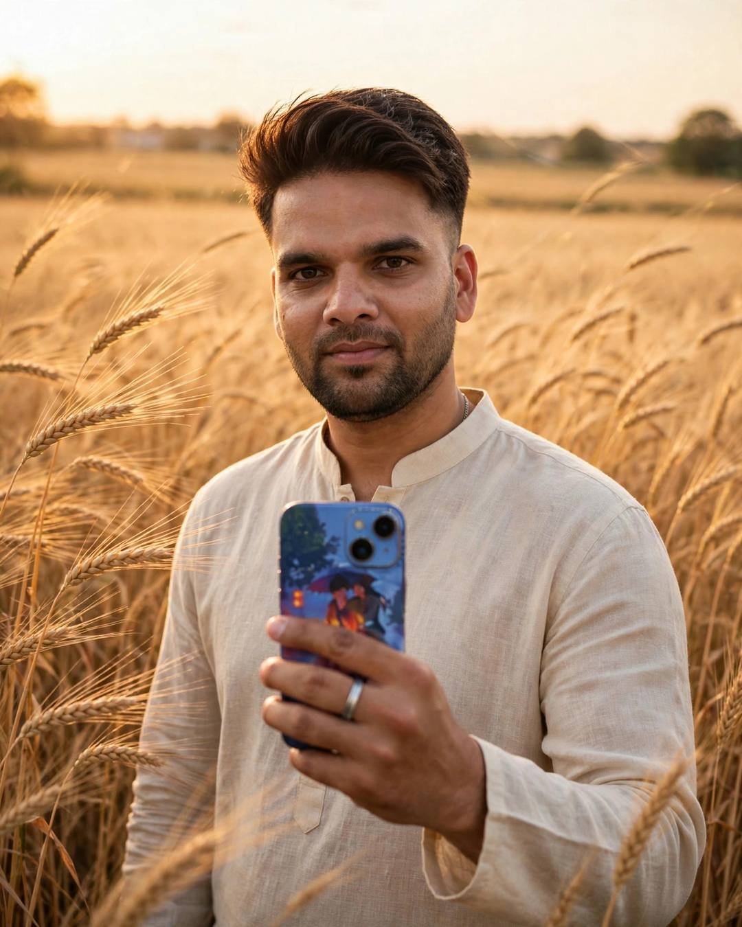 Indian young man in a cream linen kurta standing in a golden wheat field at sunset