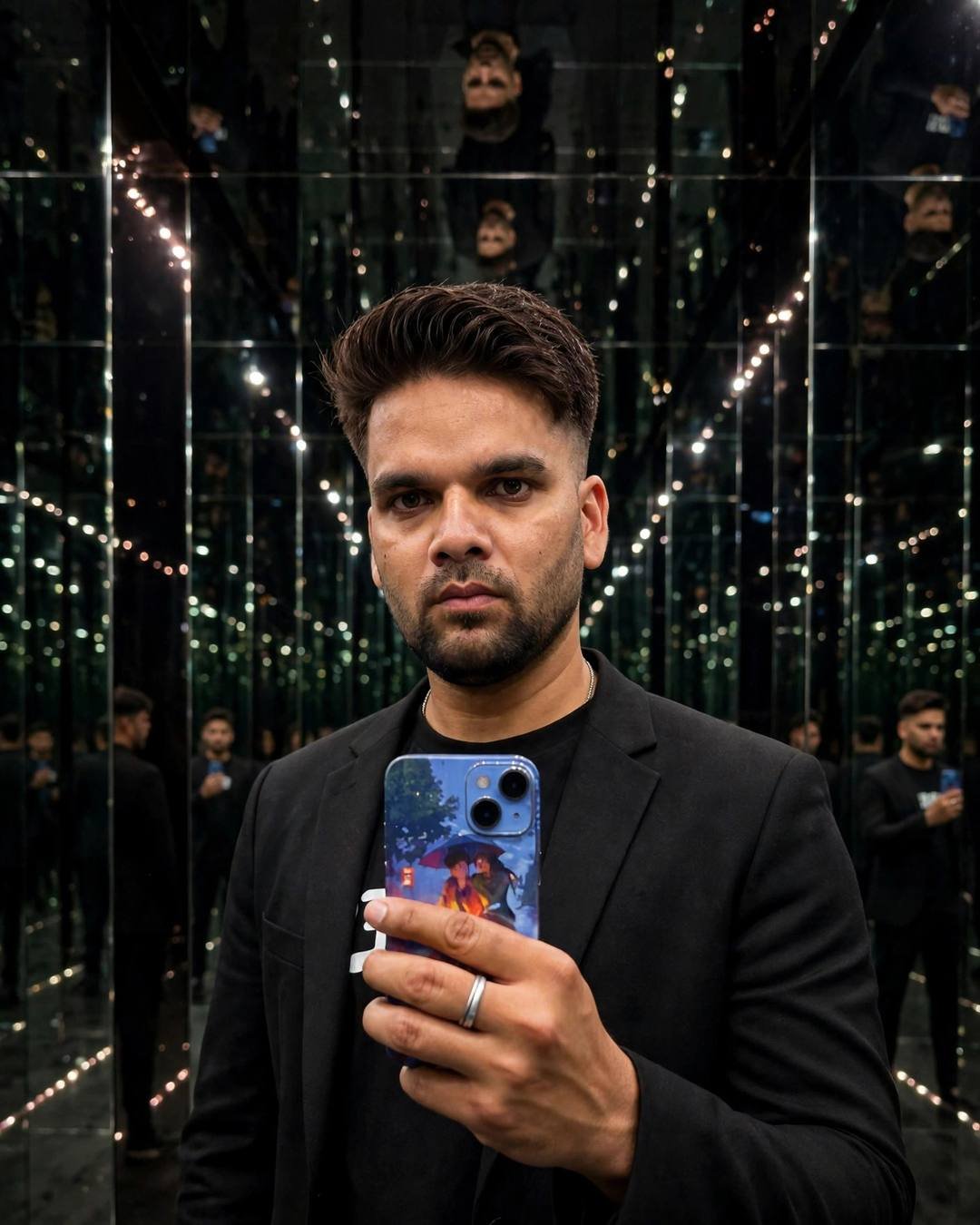 Indian young man in a black blazer among tall mirrors with infinite reflections