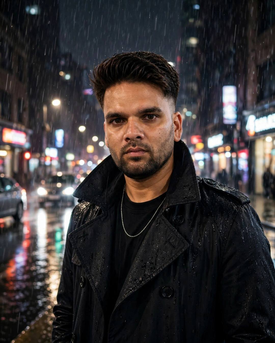 Indian young man in a dark trench coat on a rainy city street at night