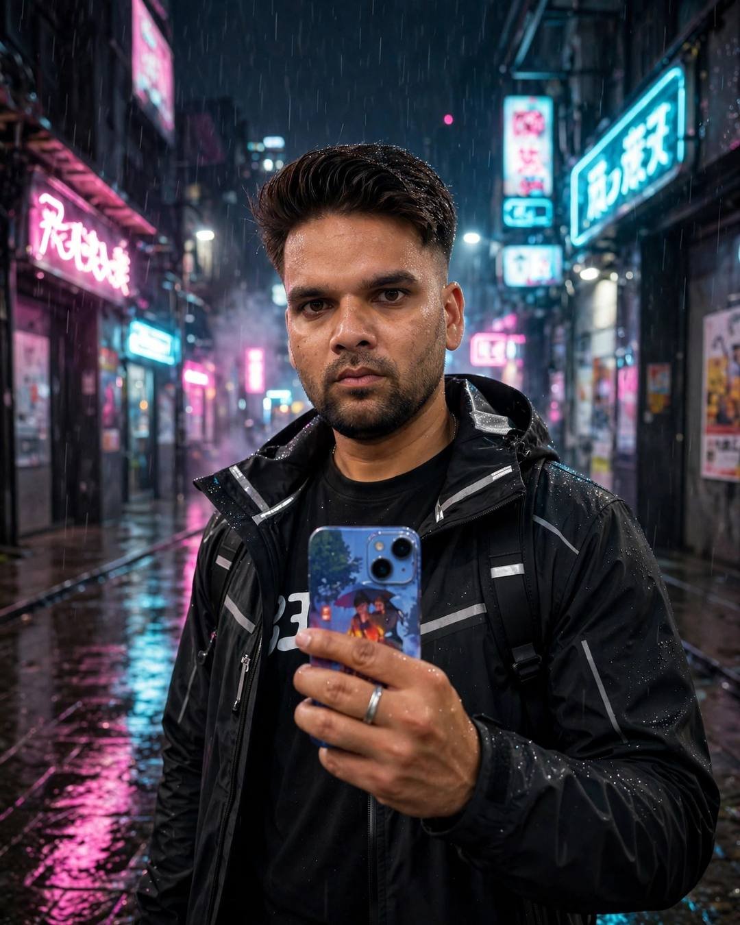 Indian young man in dark techwear jacket holding a phone in a rainy neon alley at night