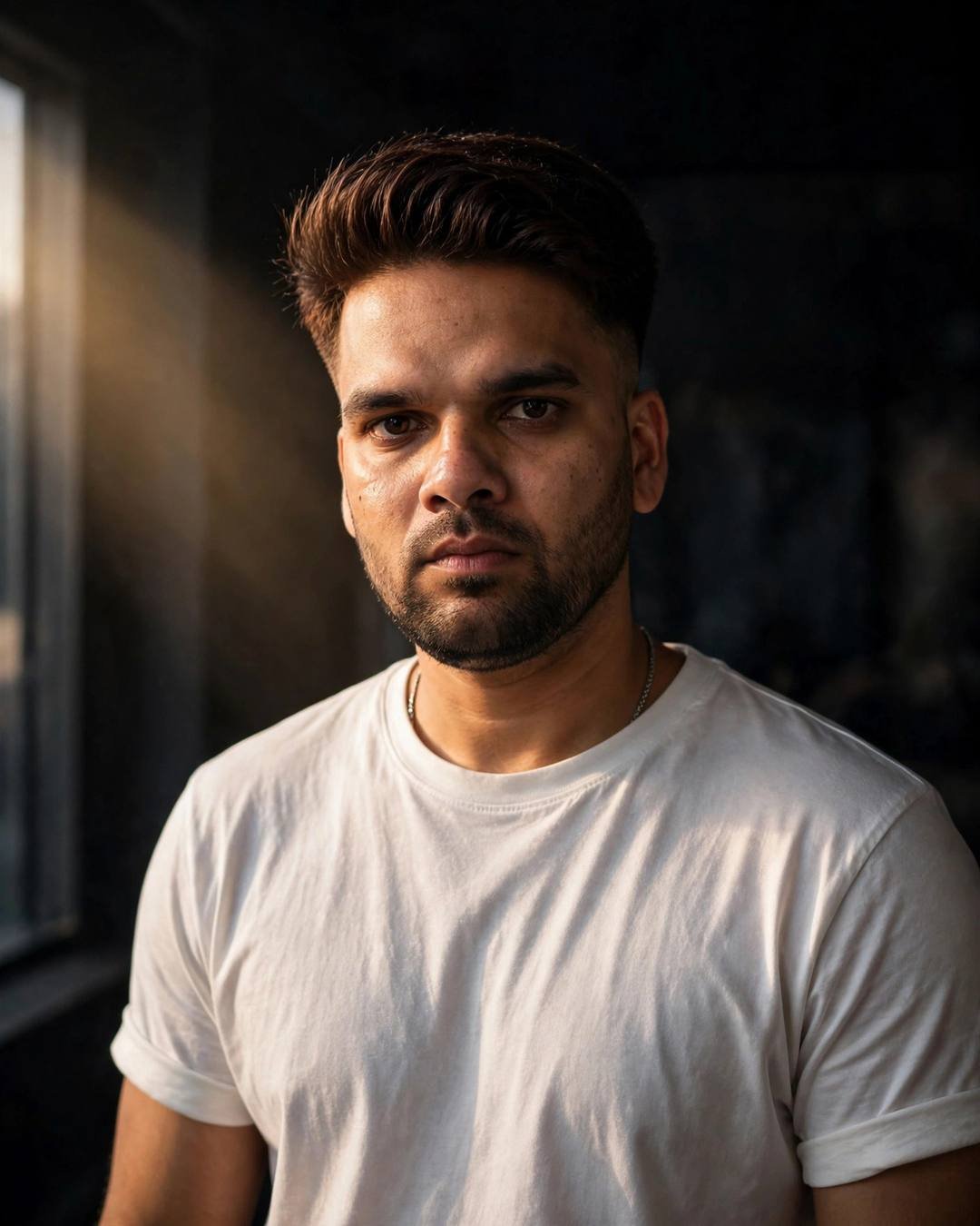 Indian young man in a white shirt lit by a single window beam in a dark room
