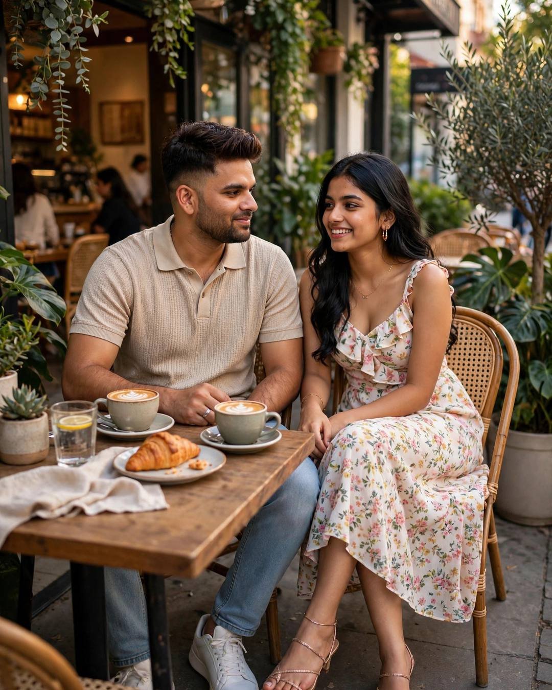 raj in a beige knit polo sitting with a woman in a floral dress at an aesthetic plant-filled cafe with two coffees on the table