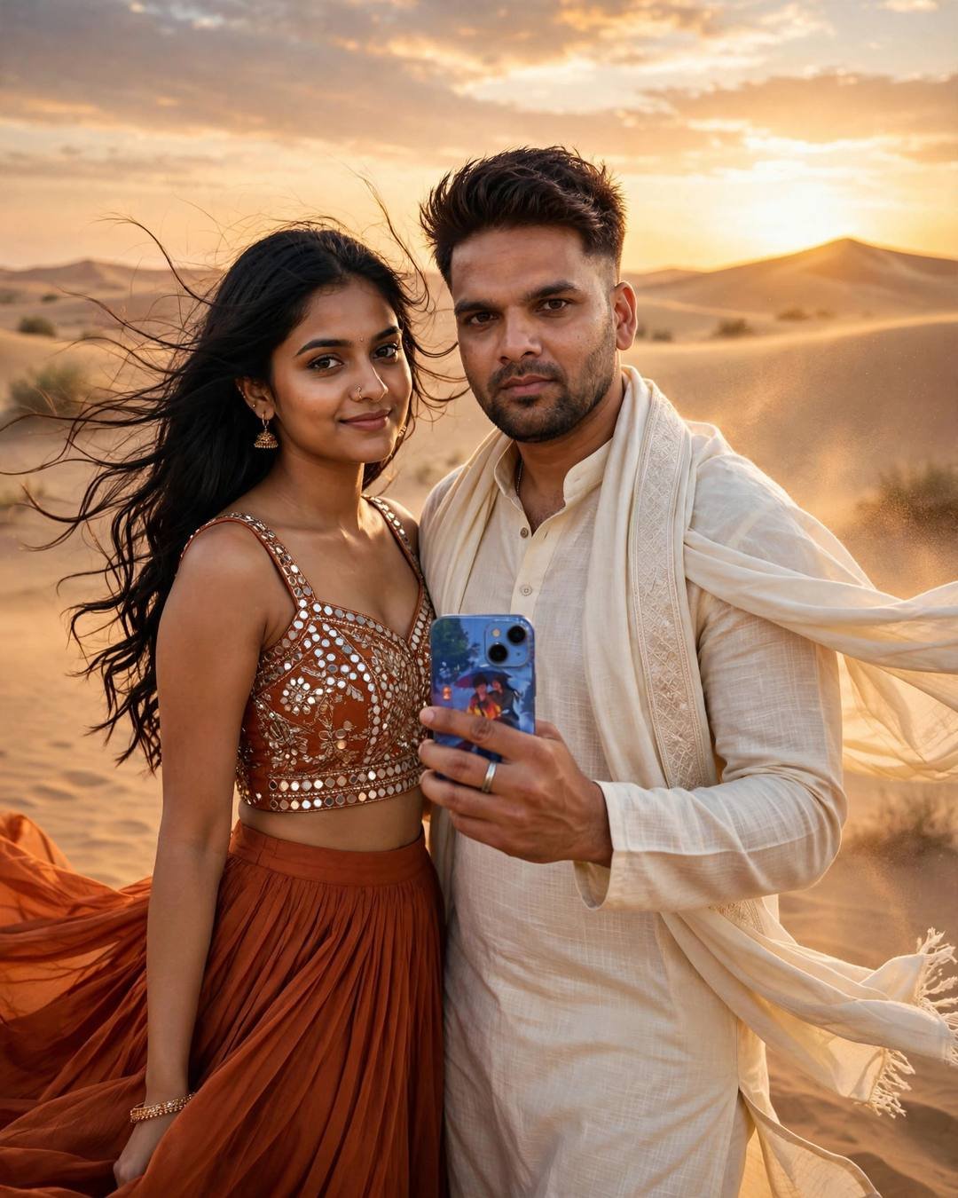 raj in a cream kurta-pajama with shawl beside a woman in a rust-orange mirror-work outfit on desert dunes at sunset