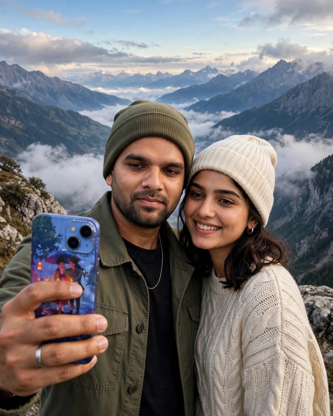 raj in an olive field jacket and beanie taking a selfie with a woman at a mountain viewpoint above clouds