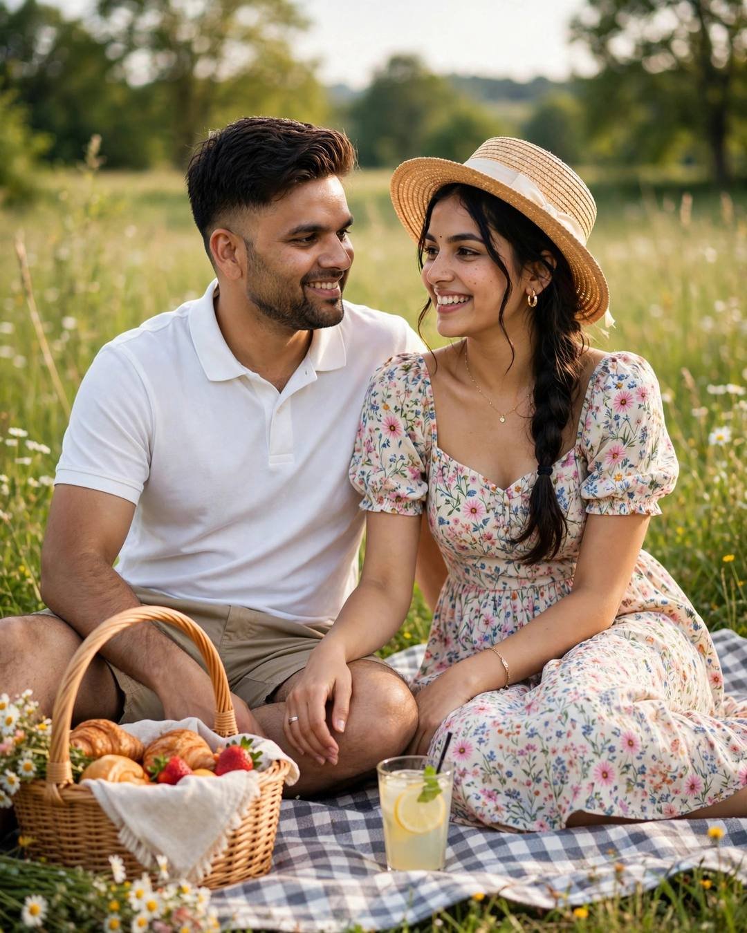 raj in a white polo with a woman in a floral sundress and straw hat on a picnic blanket in a sunny meadow