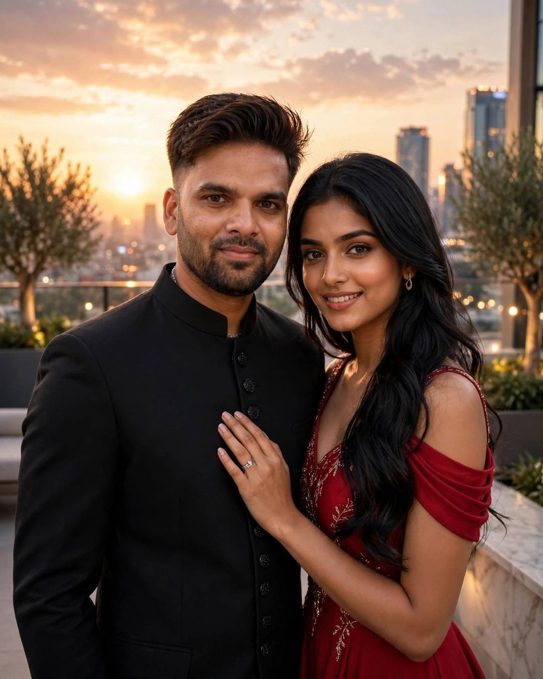 Indian couple at sunset on a rooftop terrace — man in black bandhgala suit beside a stunning woman in a red gown, city skyline glowing behind them