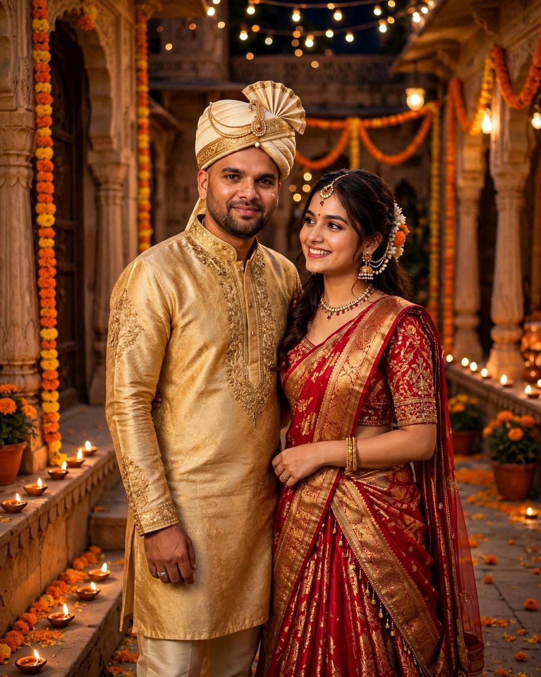 raj in a golden kurta and safa with a woman in a red and gold lehenga in a marigold-decorated courtyard