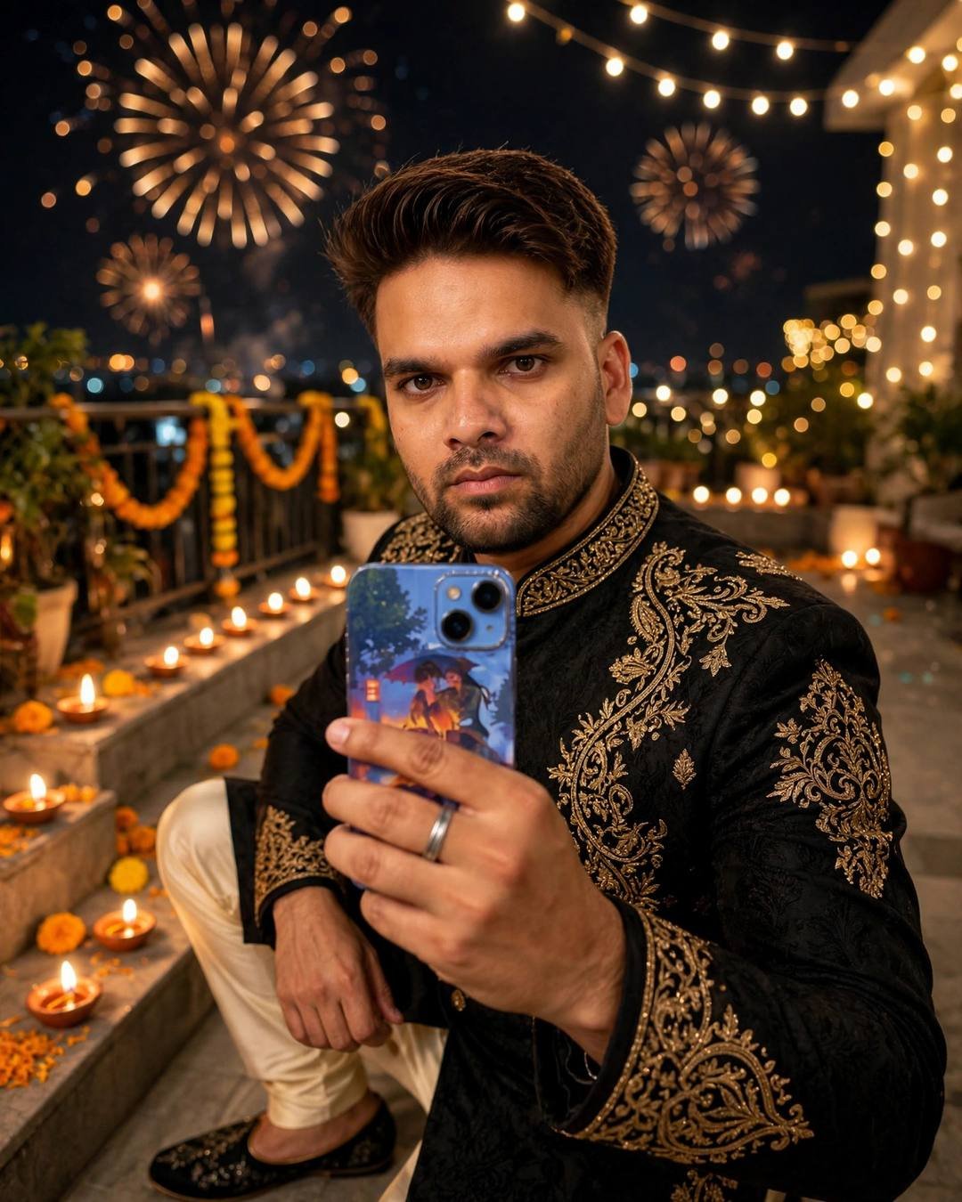 Indian young man in black sherwani with gold embroidery taking a selfie on a diya-lit terrace at Diwali night