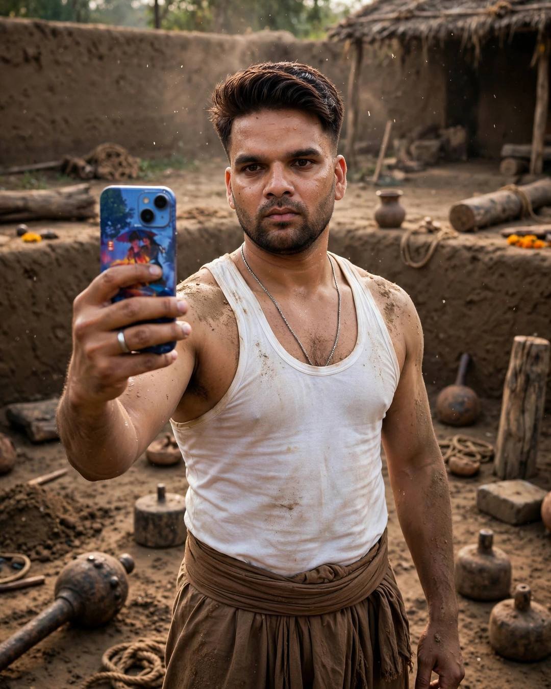 Indian young man in white vest and langot with earth-dusted skin in a traditional mud akhara