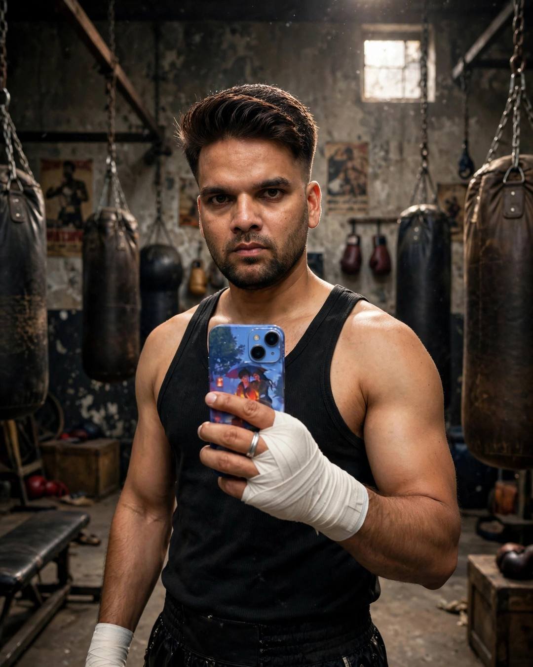 Indian young man with hand wraps in black tank inside an old boxing gym with heavy bags