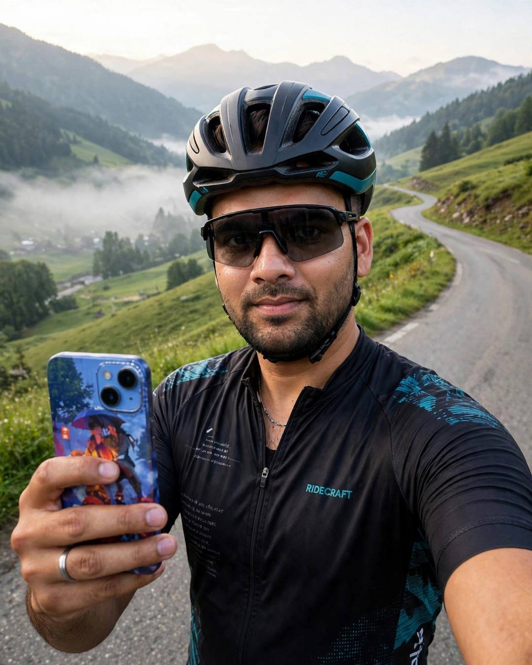 Indian young man in cycling helmet and pro jersey on a winding hill road above green valleys