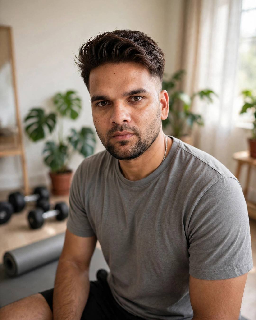 Indian young man in grey tee in a bright home workout corner with dumbbells and mat