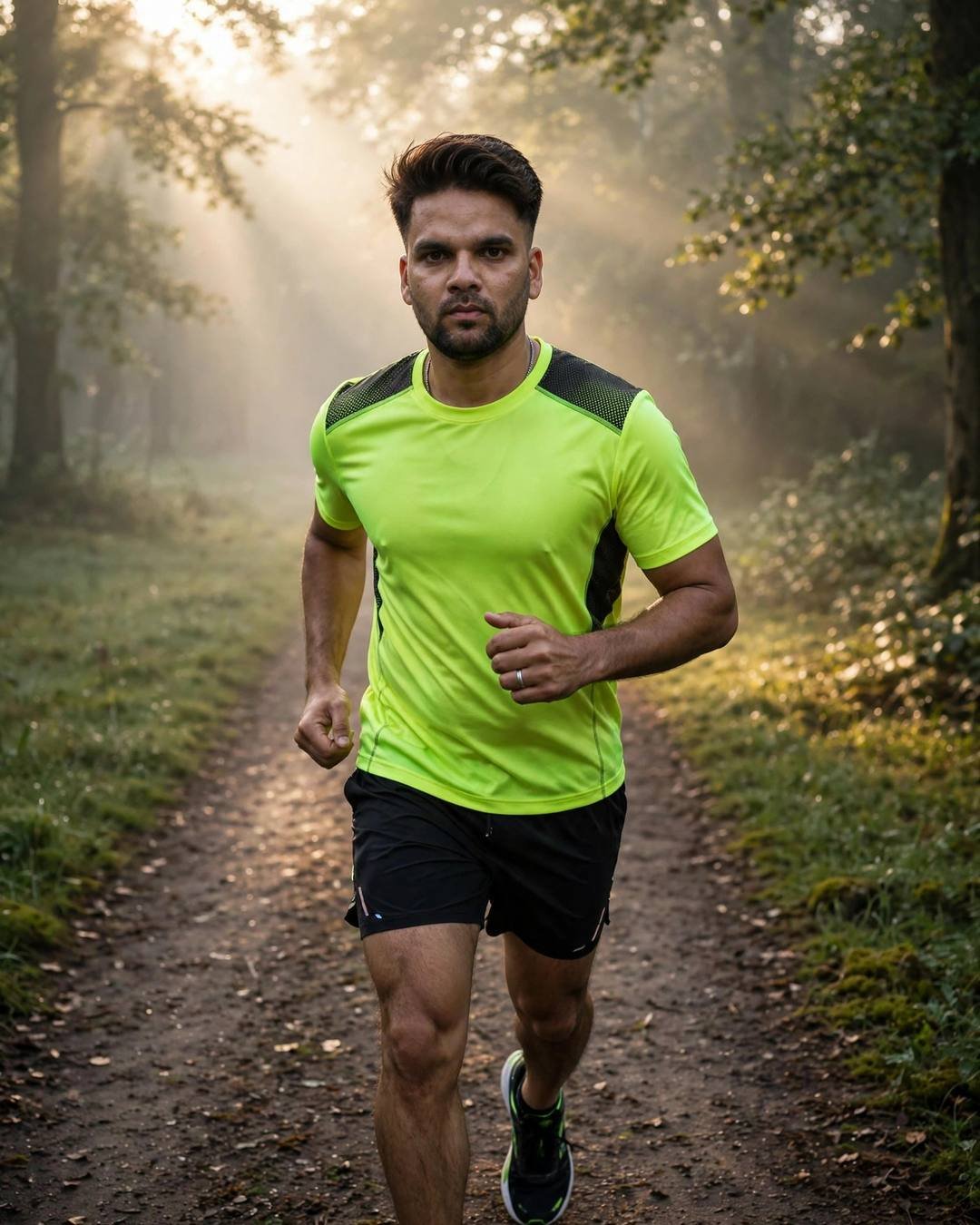 Indian young man in neon running gear mid-stride on a misty park trail at dawn