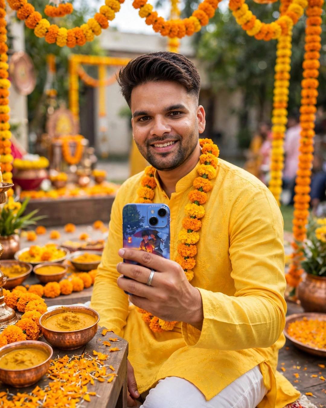 raj in a bright yellow kurta with marigold garland at a haldi ceremony with turmeric bowls