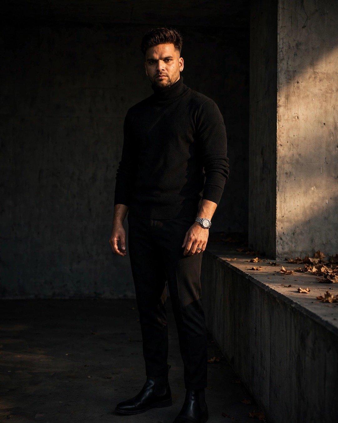 Man in an all-black outfit — black turtleneck, trousers and Chelsea boots — standing against a dark concrete wall in dramatic side light
