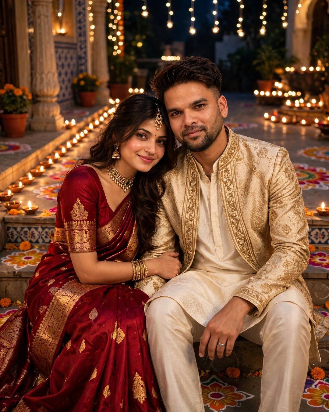 AI-generated couple look: Diwali Diya Night — with the AI prompt