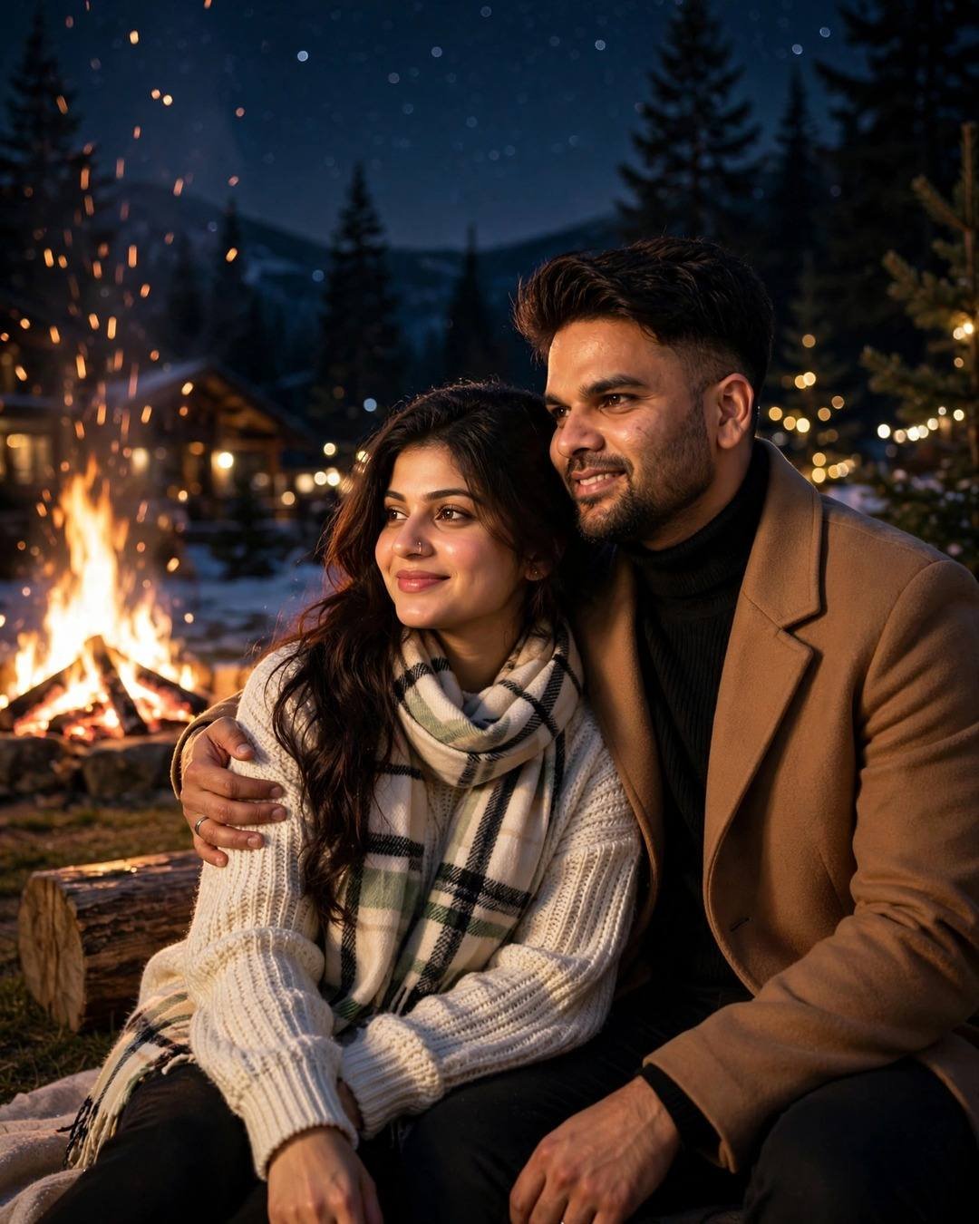 AI-generated couple look: Winter Bonfire Night — with the AI prompt