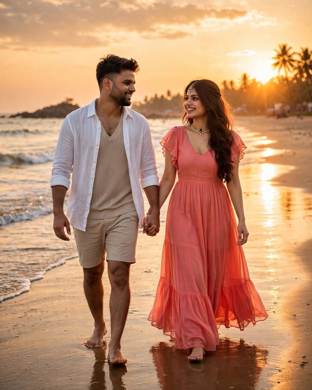 AI-generated couple look: Sunset Beach Walk — with the AI prompt