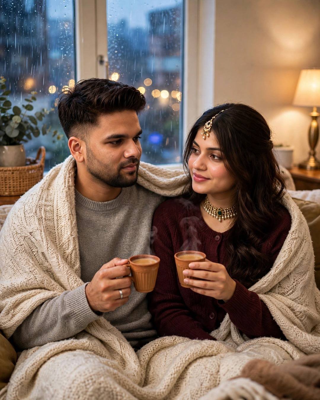 AI-generated couple look: Rainy Window Chai — with the AI prompt