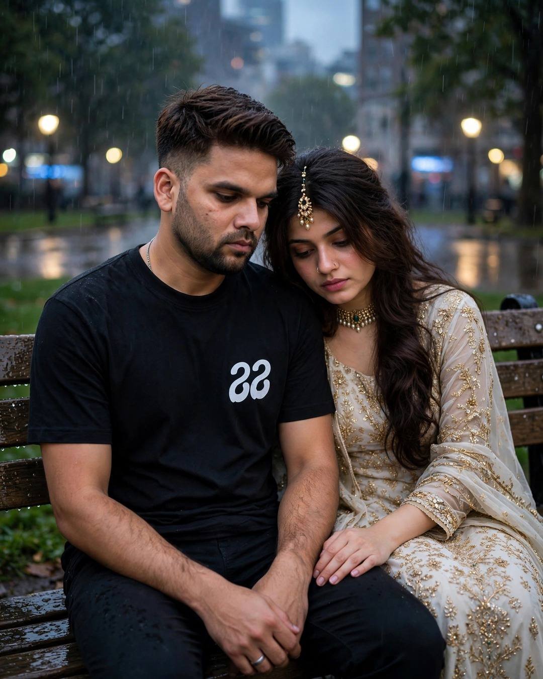 AI-generated couple portrait: Rainy Bench