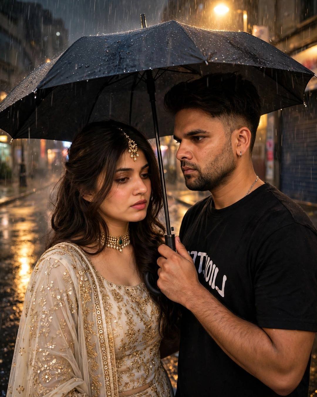 AI-generated couple portrait: Umbrella Night