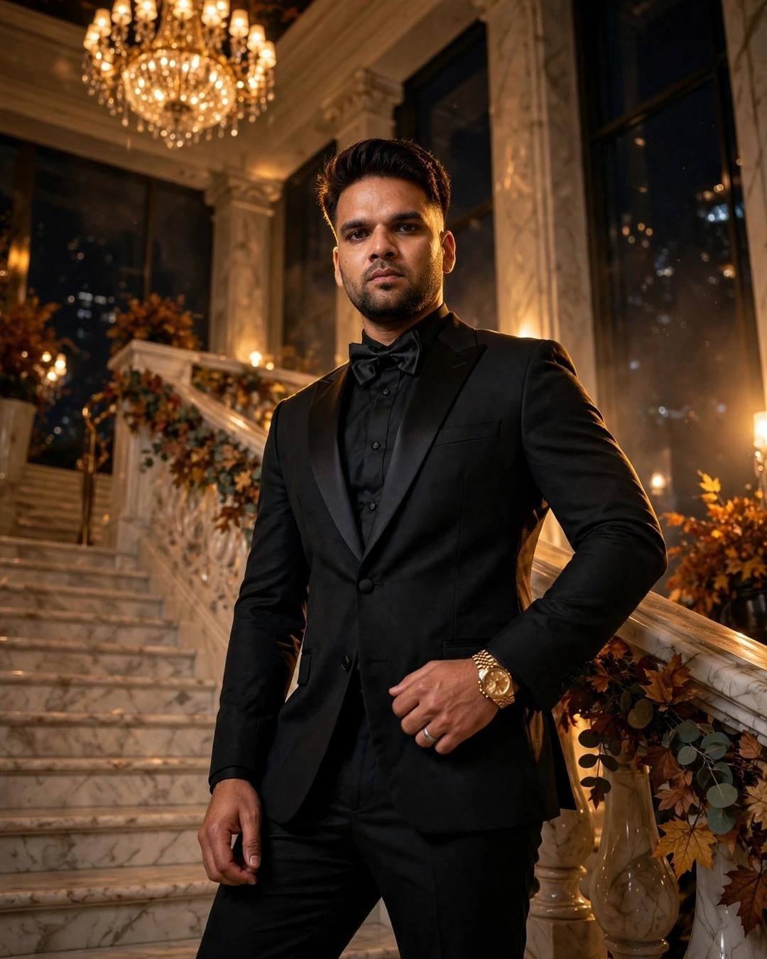 Man in a tailored black tuxedo with bow tie standing on a grand marble hotel staircase at night under a chandelier
