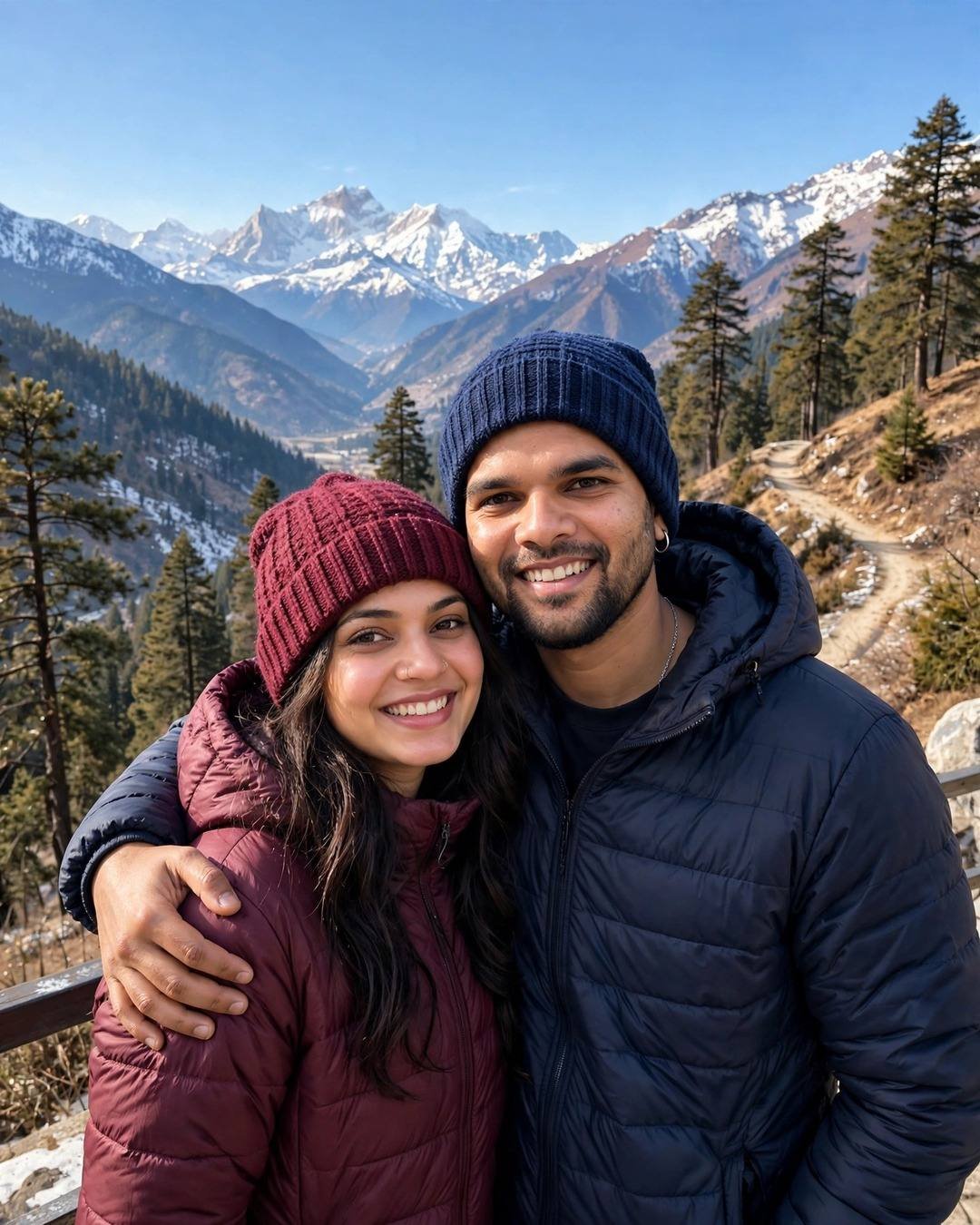 AI-generated mountain couple portrait with the AI prompt