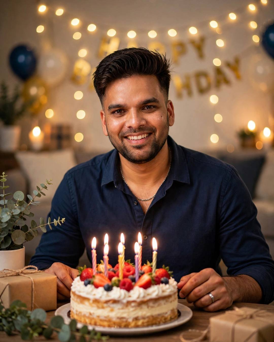 Indian young man in a navy shirt smiling behind a birthday cake with lit candles