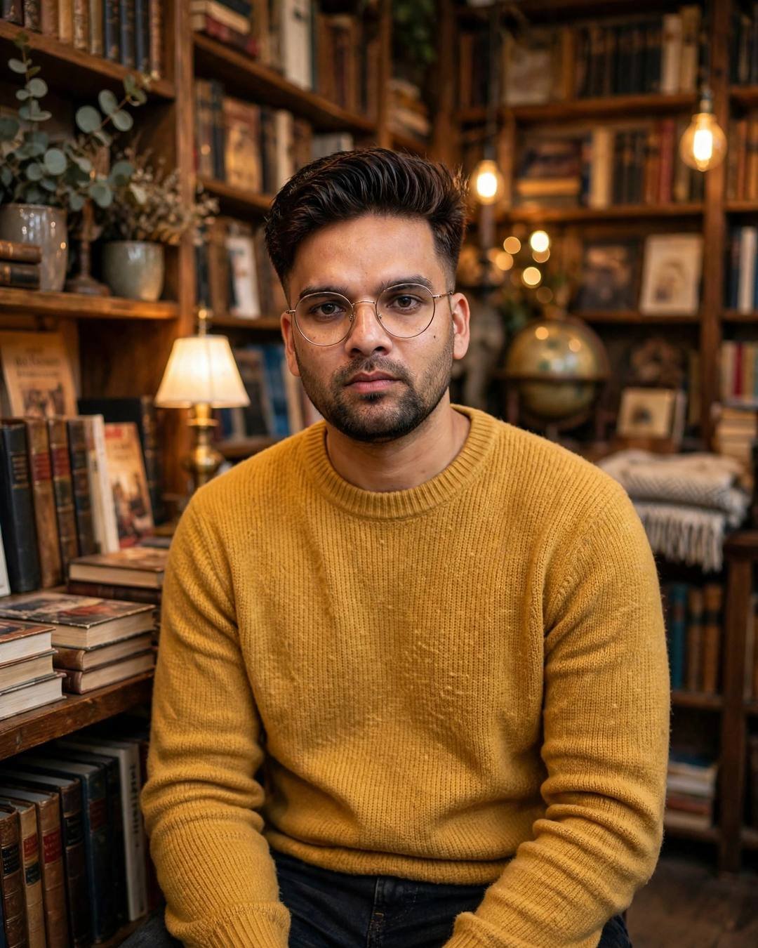 Indian young man in a mustard sweater and round glasses in a cozy old bookstore