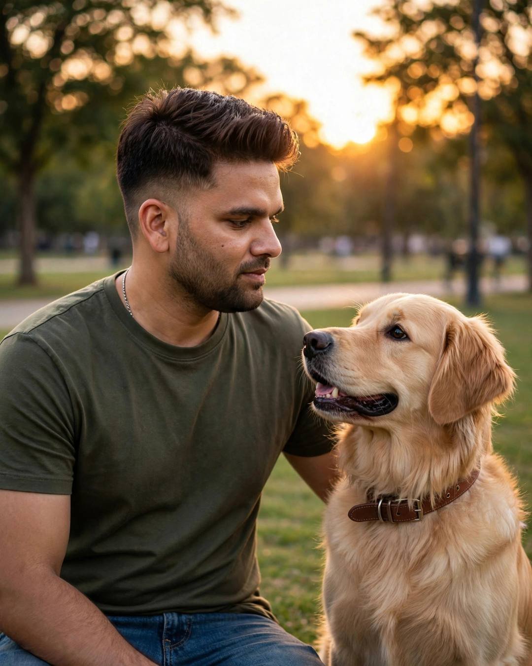 Indian young man in an olive tee with a golden retriever at golden hour in a park
