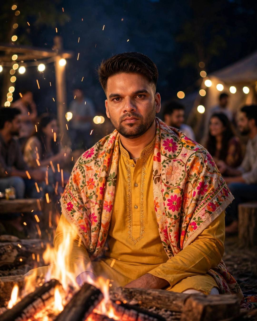 Indian young man in a mustard kurta with phulkari shawl beside a Lohri bonfire at night