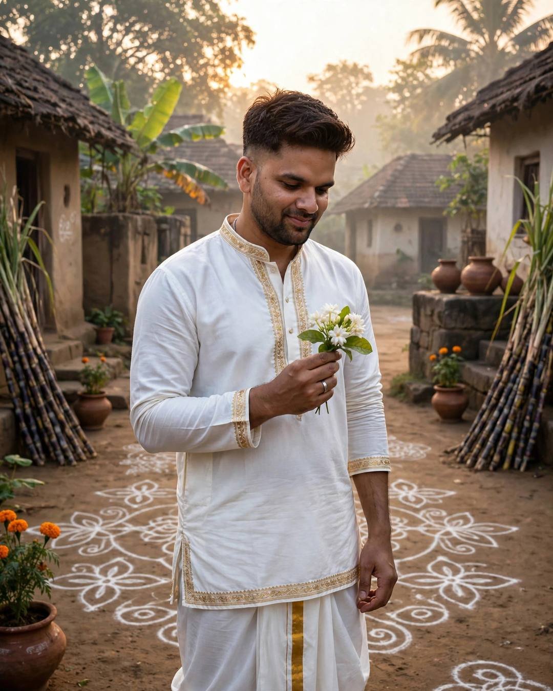 Indian young man in a white dhoti-kurta with gold border holding jasmine in a village courtyard at sunrise