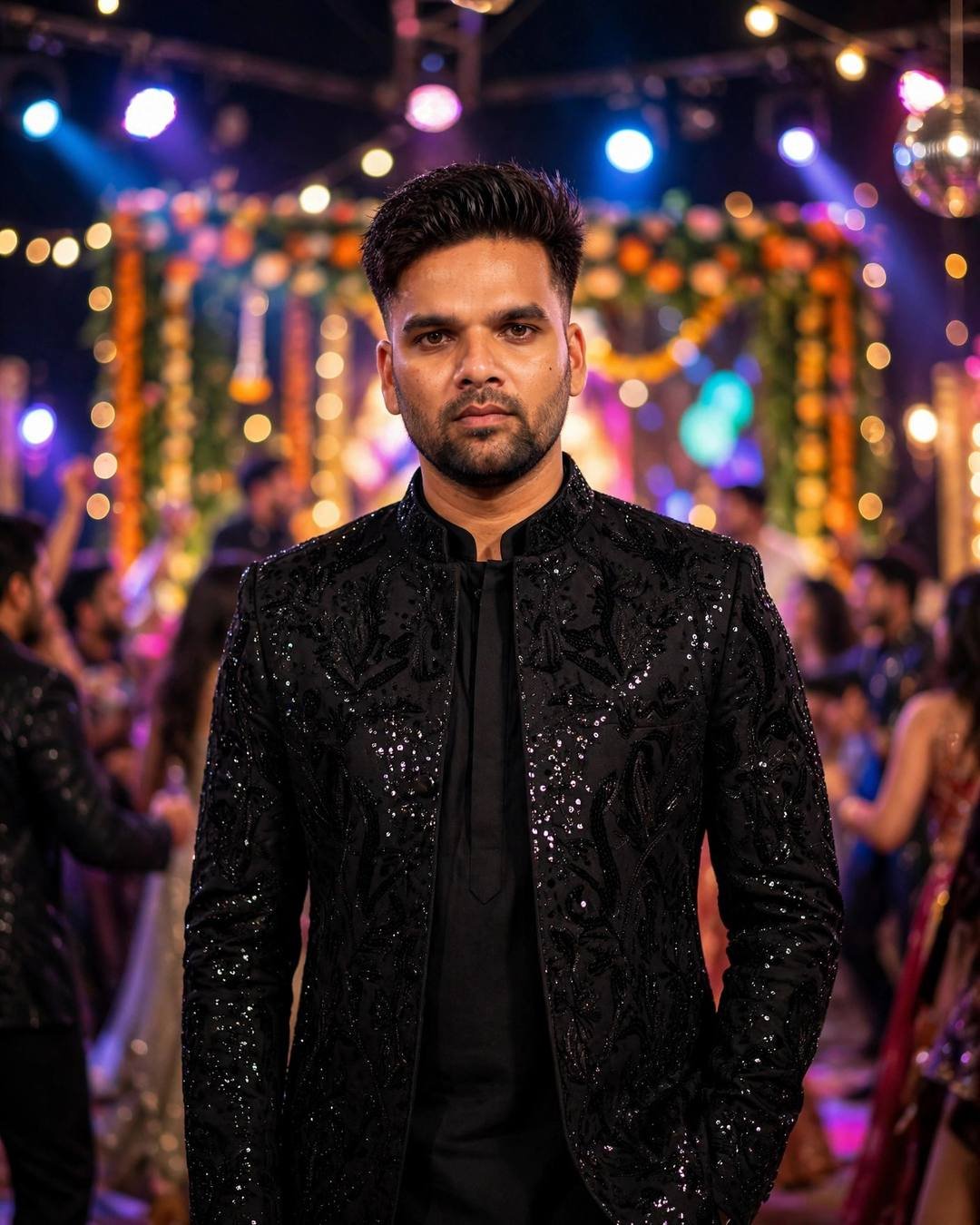 raj in a black sequin indo-western jacket on a sangeet stage with disco lights