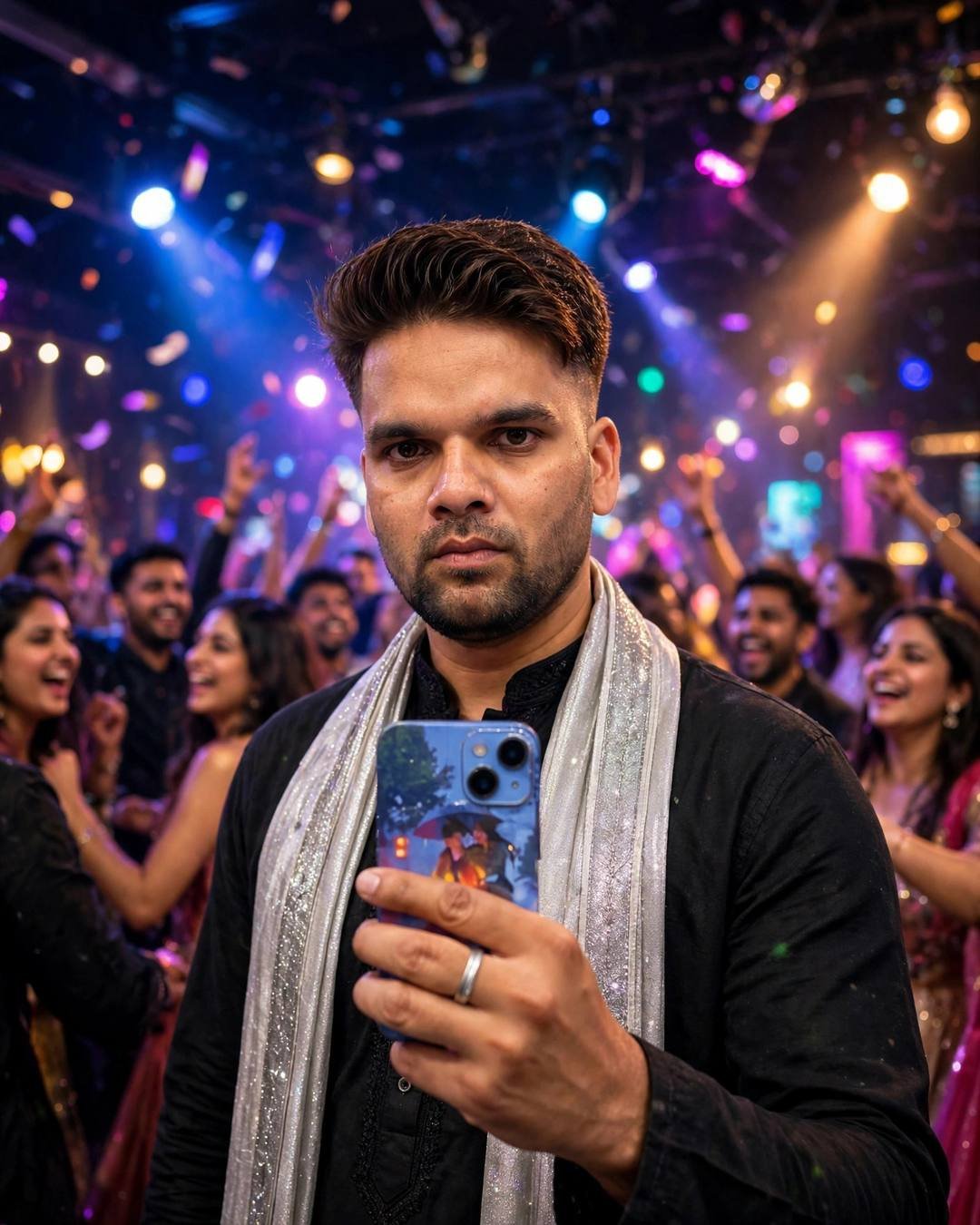 raj in a black kurta with silver stole on a sangeet dance floor with moving lights and crowd