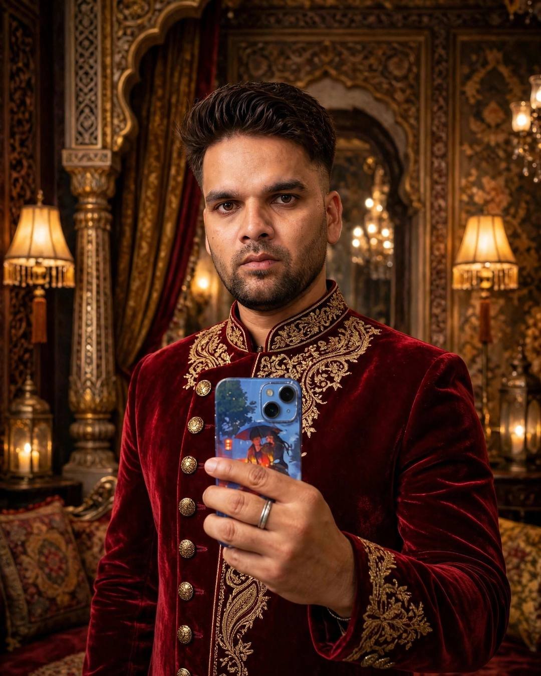 raj in a wine velvet sherwani with antique gold buttons in an ornate palace interior