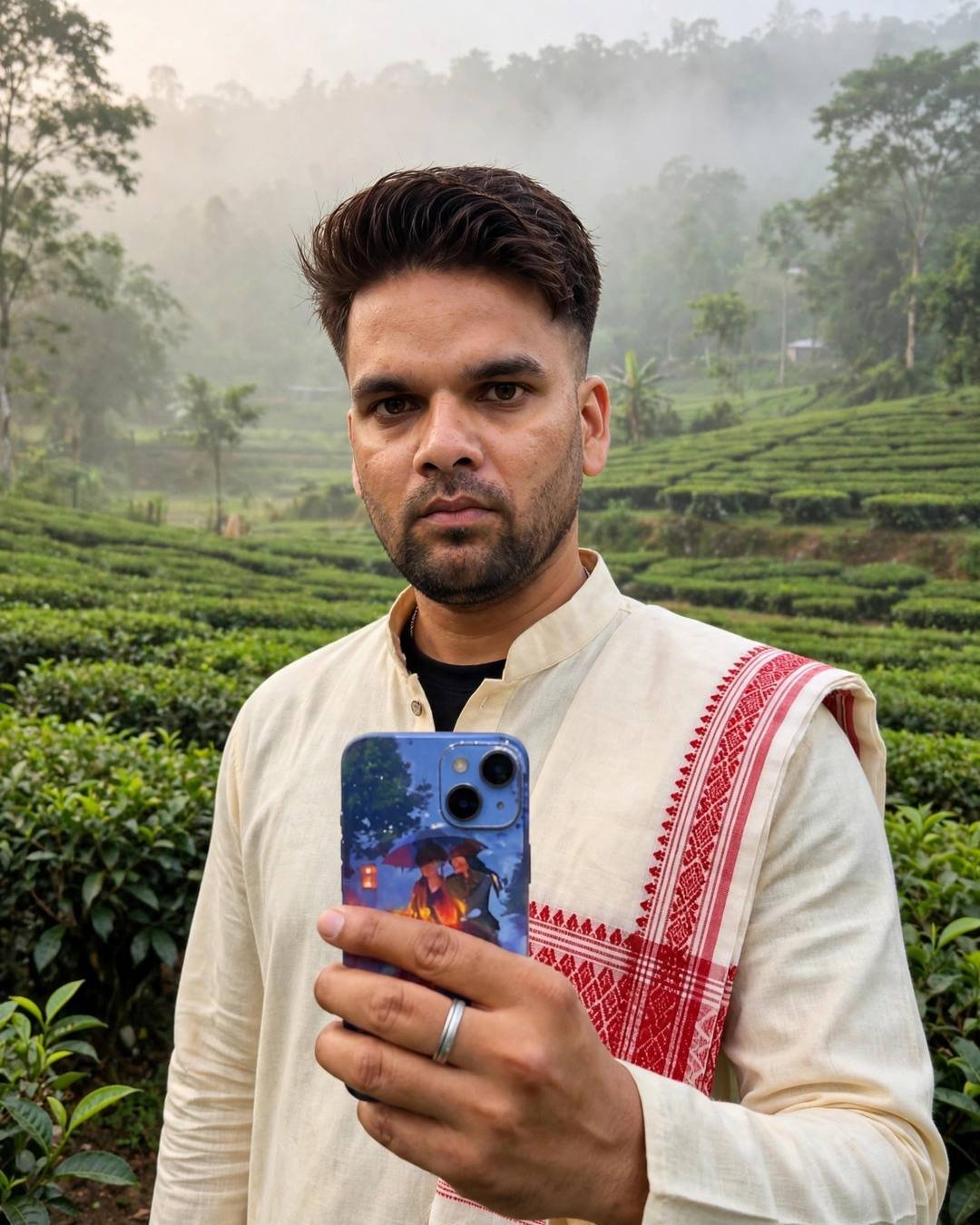 Indian young man in cream kurta with red-bordered gamosa in a misty Assam tea garden