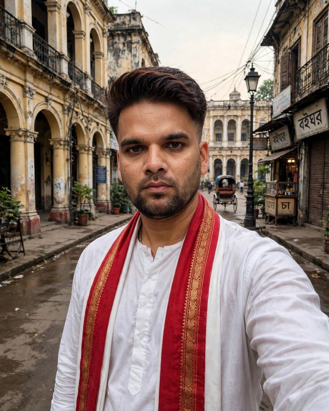 Indian young man in white panjabi with red-bordered stole on a colonial Kolkata street