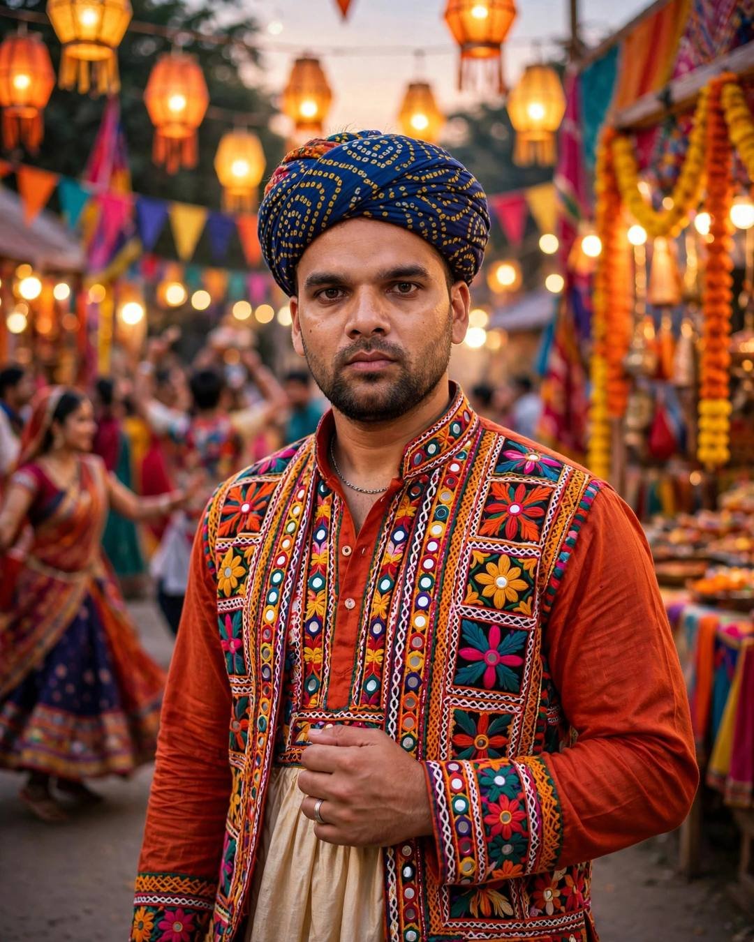 Indian young man in colorful embroidered kediyu and bandhani turban at a lantern-lit village fair