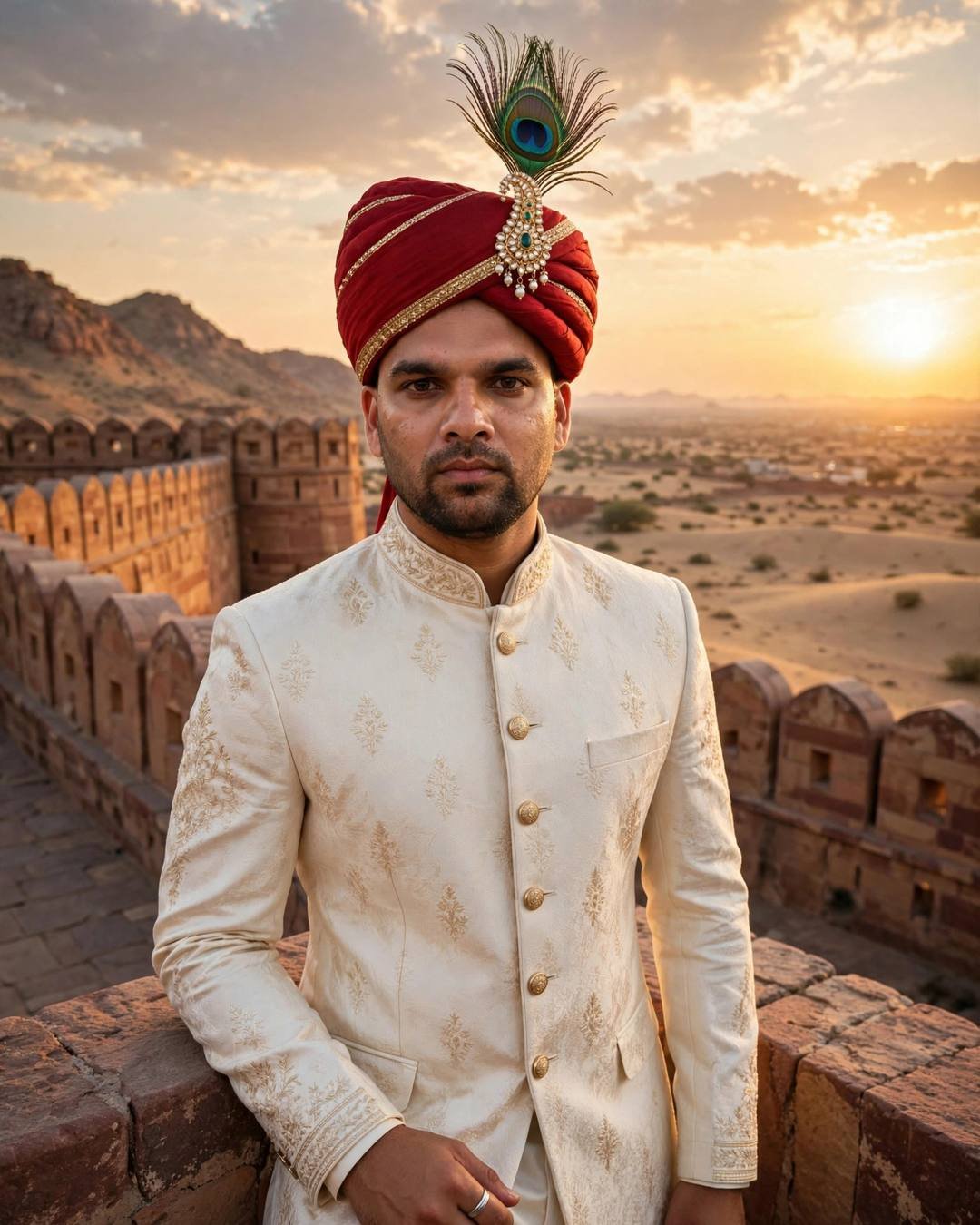 Indian young man in ivory bandhgala with red safa and kalgi on fort ramparts at sunset