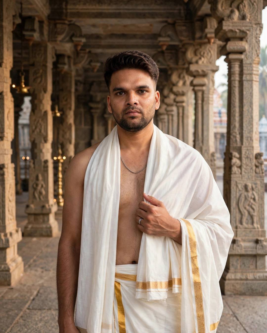 Indian young man in white veshti with gold border and angavastram in a stone temple corridor