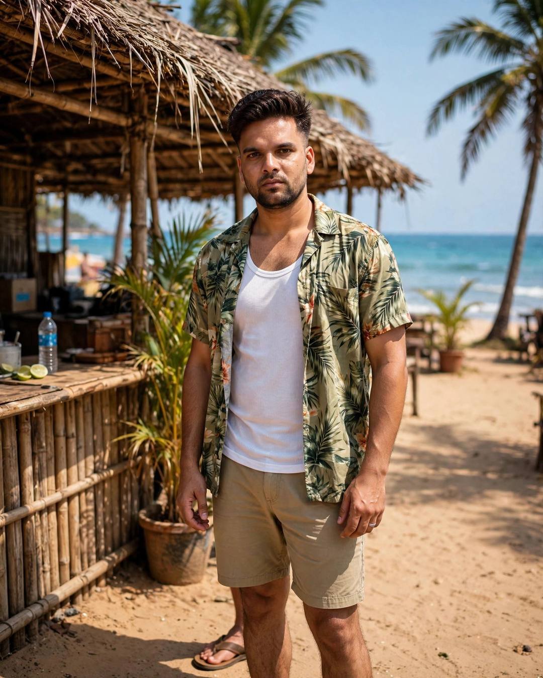 raj in an open hawaiian shirt and white vest at a Goa beach shack with palms and sea