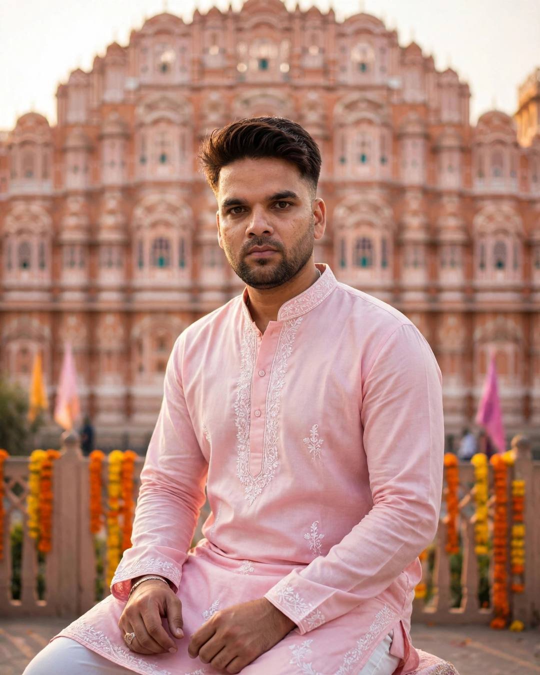raj in a pastel pink kurta with white pajama before the Hawa Mahal facade in Jaipur