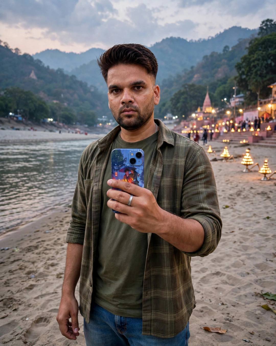 raj in an olive tee and open flannel shirt on the Ganges riverside in Rishikesh at dusk