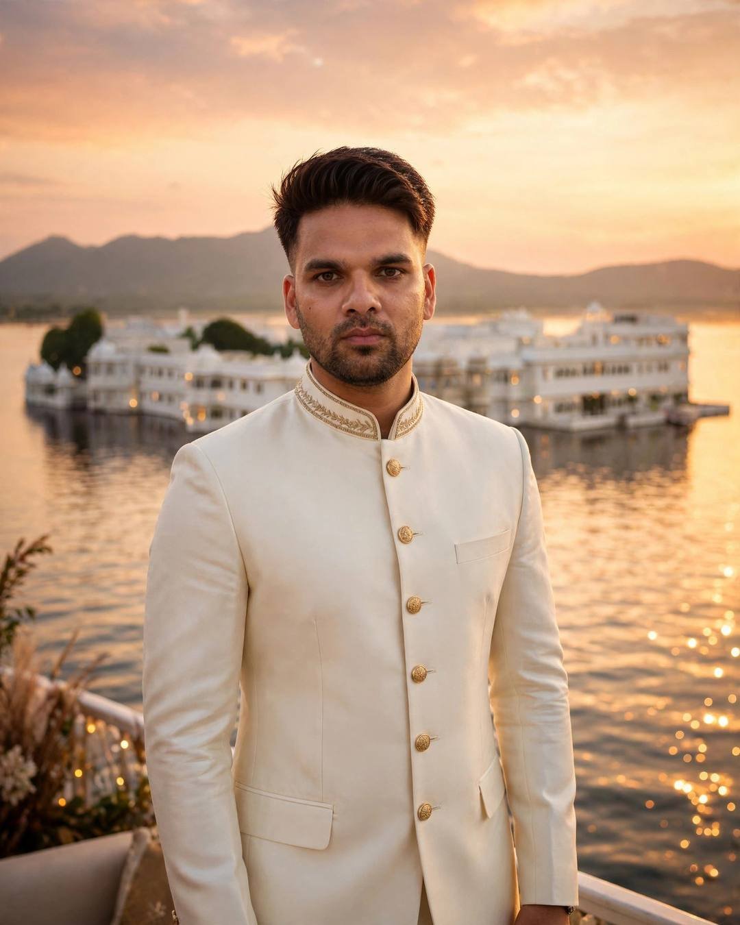 raj in an ivory bandhgala with gold buttons before Udaipur's lake palace at sunset